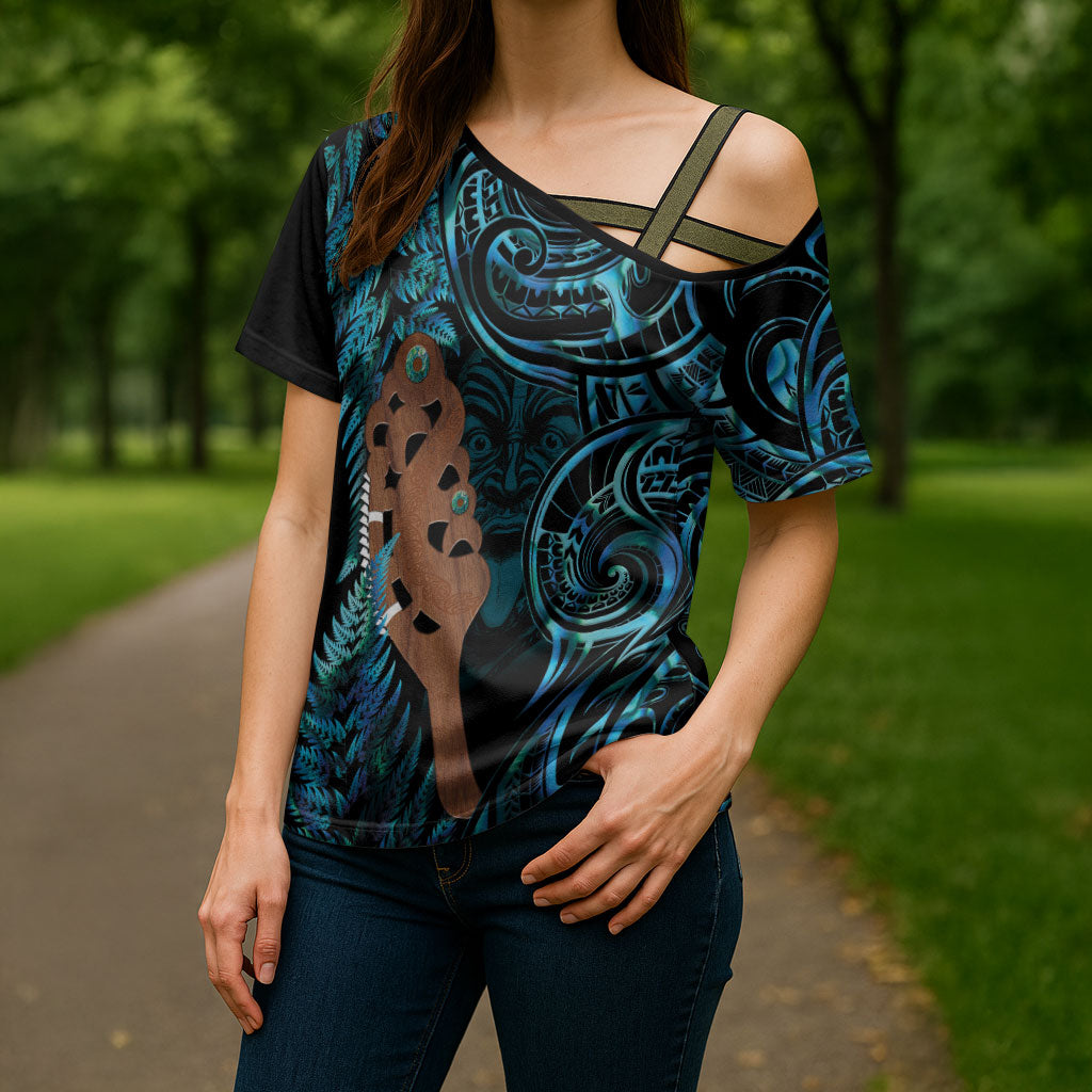 Maripi New Zealand Cross Shoulder Shirt Maori Weapon Paua Shell Haka Fern