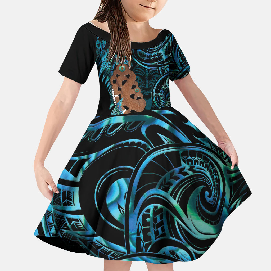 Maripi New Zealand Family Matching Long Sleeve Bodycon Dress and Hawaiian Shirt Maori Weapon Paua Shell Haka Fern LT14 Daughter's Dress Turquoise - Polynesian Pride