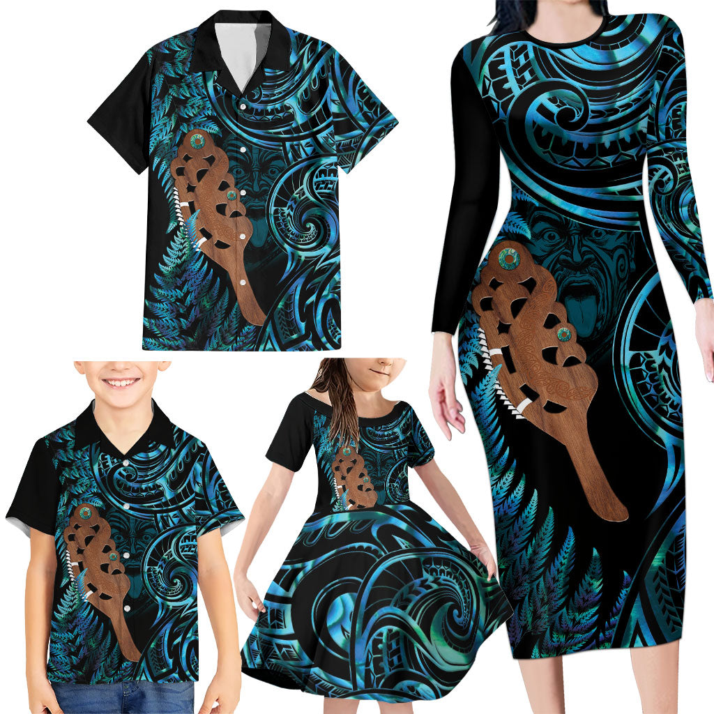 Maripi New Zealand Family Matching Long Sleeve Bodycon Dress and Hawaiian Shirt Maori Weapon Paua Shell Haka Fern LT14 - Polynesian Pride