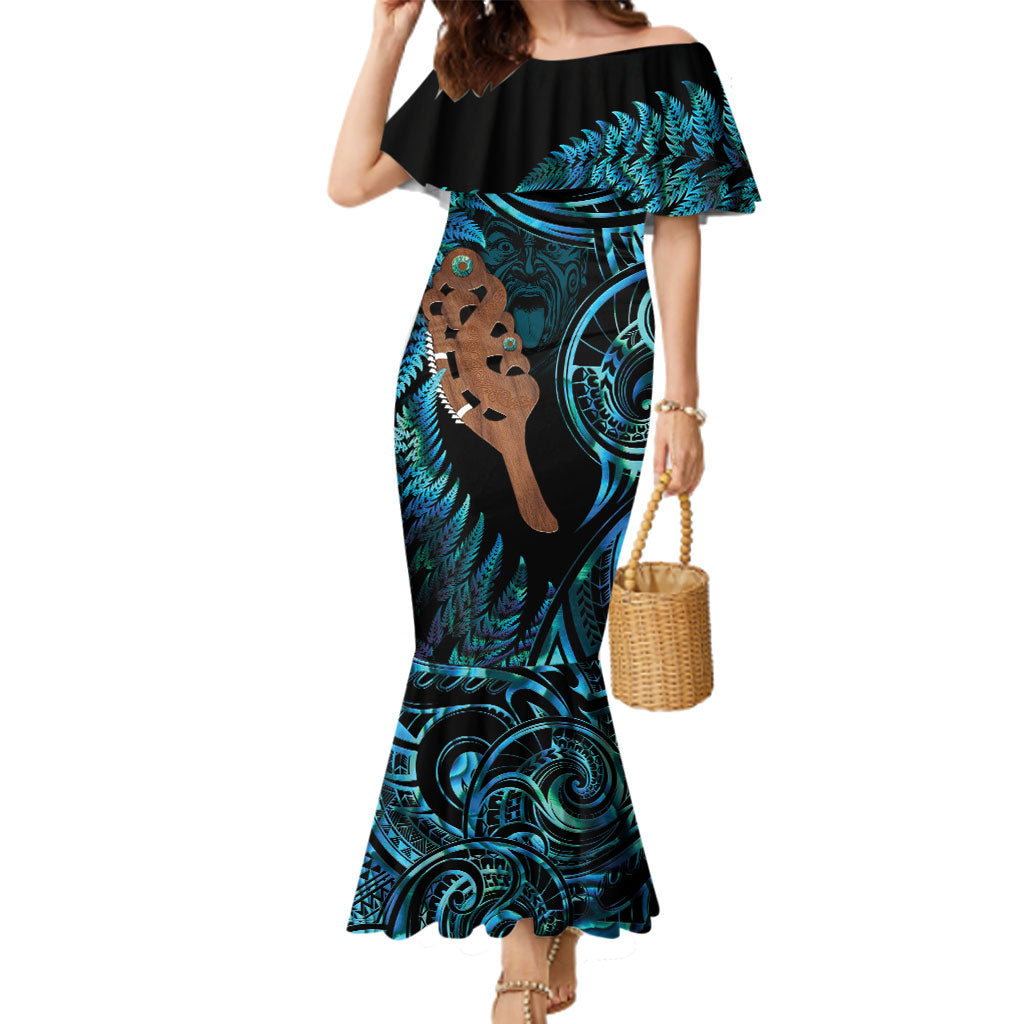 Maripi New Zealand Family Matching Mermaid Dress and Hawaiian Shirt Maori Weapon Paua Shell Haka Fern LT14 Mom's Dress Turquoise - Polynesian Pride