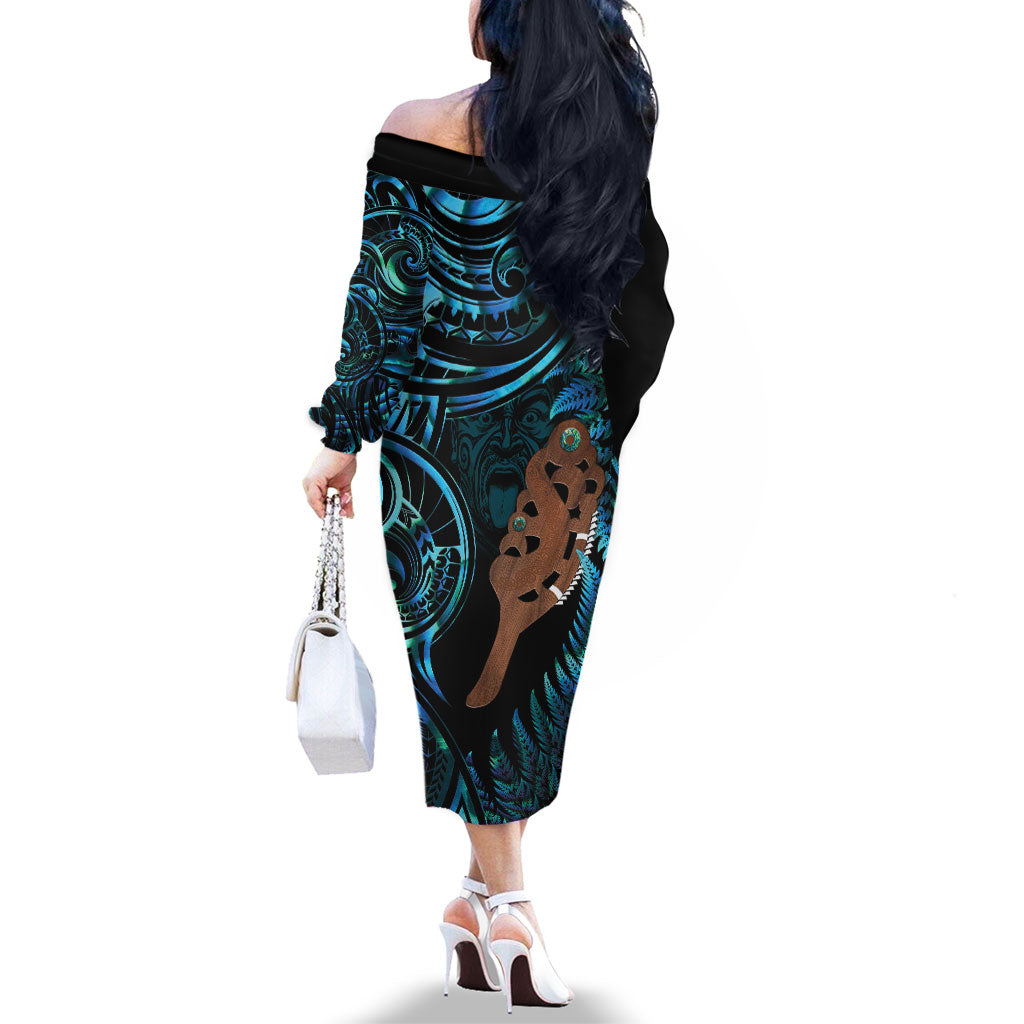 Maripi New Zealand Family Matching Off The Shoulder Long Sleeve Dress and Hawaiian Shirt Maori Weapon Paua Shell Haka Fern LT14 - Polynesian Pride