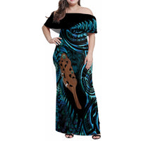 Maripi New Zealand Family Matching Off Shoulder Maxi Dress and Hawaiian Shirt Maori Weapon Paua Shell Haka Fern LT14 Mom's Dress Turquoise - Polynesian Pride