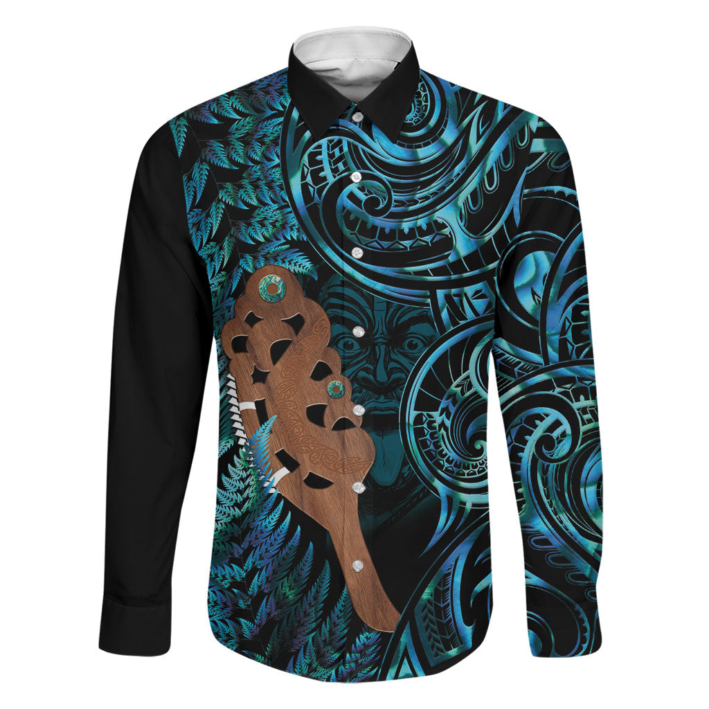 Maripi New Zealand Family Matching Off Shoulder Short Dress and Hawaiian Shirt Maori Weapon Paua Shell Haka Fern LT14 Dad's Shirt - Long Sleeve Turquoise - Polynesian Pride
