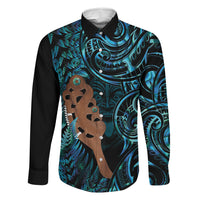 Maripi New Zealand Family Matching Off Shoulder Short Dress and Hawaiian Shirt Maori Weapon Paua Shell Haka Fern LT14 Dad's Shirt - Long Sleeve Turquoise - Polynesian Pride