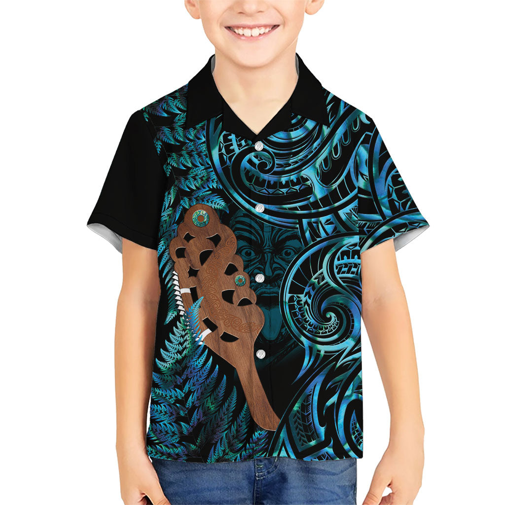 Maripi New Zealand Family Matching Summer Maxi Dress and Hawaiian Shirt Maori Weapon Paua Shell Haka Fern LT14 Son's Shirt Turquoise - Polynesian Pride