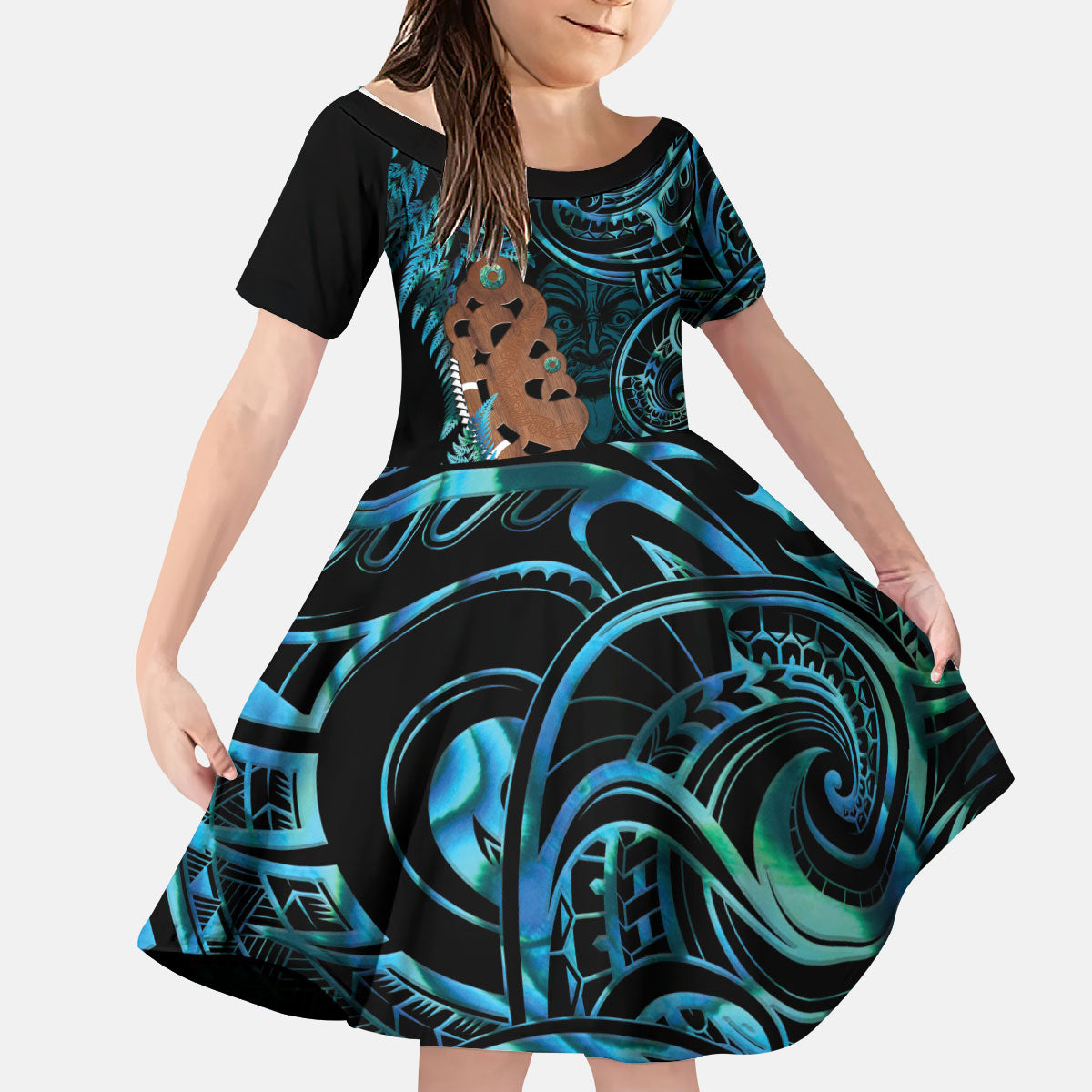 Maripi New Zealand Kid Short Sleeve Dress Maori Weapon Paua Shell Haka Fern