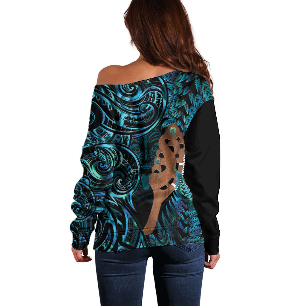 Maripi New Zealand Off Shoulder Sweater Maori Weapon Paua Shell Haka Fern