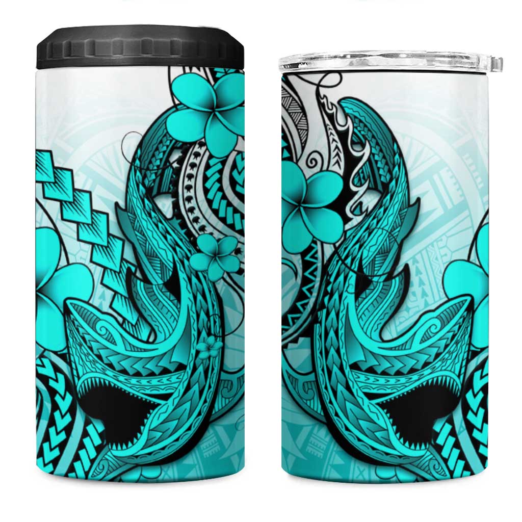 Hawaii 4 in 1 Can Cooler Tumbler Polynesian Shark Tattoo With Plumeria Turquoise Gradient LT14 One Size: 16 oz Turquoise - Polynesian Pride
