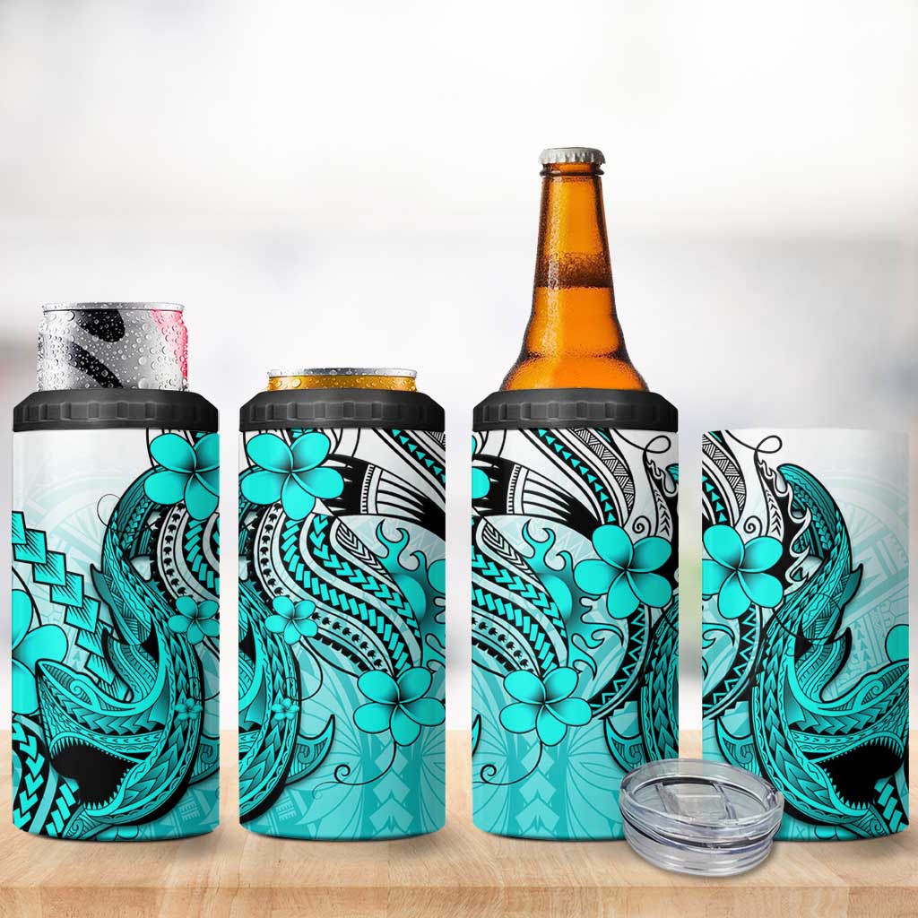 Hawaii 4 in 1 Can Cooler Tumbler Polynesian Shark Tattoo With Plumeria Turquoise Gradient LT14 - Polynesian Pride