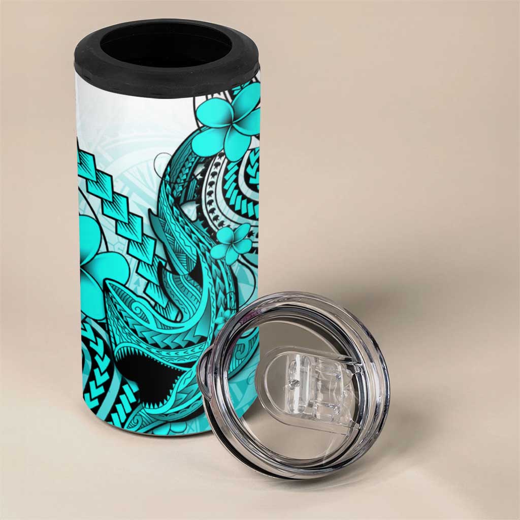 Hawaii 4 in 1 Can Cooler Tumbler Polynesian Shark Tattoo With Plumeria Turquoise Gradient LT14 - Polynesian Pride