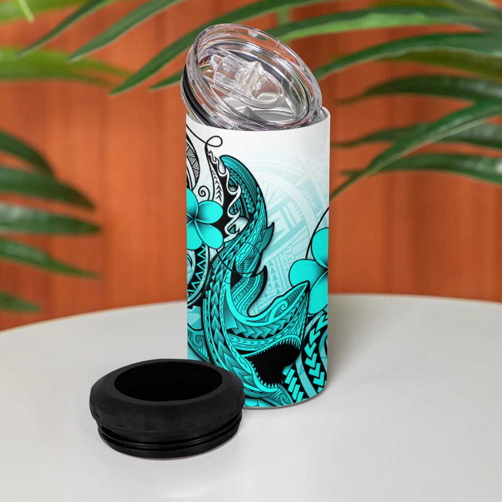 Hawaii 4 in 1 Can Cooler Tumbler Polynesian Shark Tattoo With Plumeria Turquoise Gradient LT14 - Polynesian Pride
