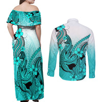 Hawaii Couples Matching Off Shoulder Maxi Dress and Long Sleeve Button Shirts Polynesian Shark Tattoo With Plumeria Turquoise Gradient LT14 - Polynesian Pride