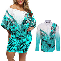 Hawaii Couples Matching Off Shoulder Short Dress and Long Sleeve Button Shirts Polynesian Shark Tattoo With Plumeria Turquoise Gradient LT14 Turquoise - Polynesian Pride