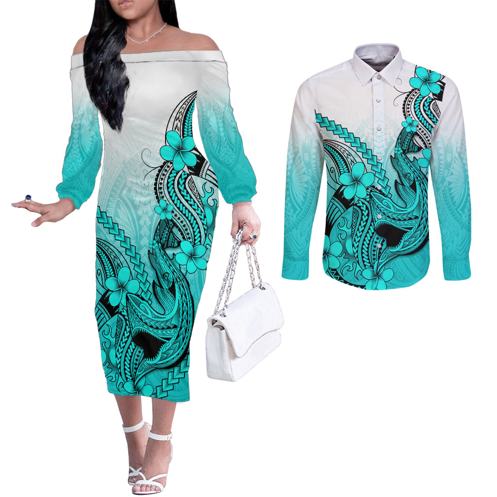 Hawaii Couples Matching Off The Shoulder Long Sleeve Dress and Long Sleeve Button Shirts Polynesian Shark Tattoo With Plumeria Turquoise Gradient LT14 Turquoise - Polynesian Pride