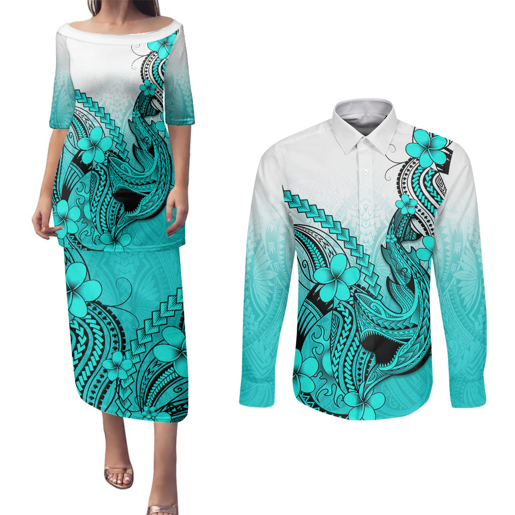 Hawaii Couples Matching Puletasi Dress and Long Sleeve Button Shirts Polynesian Shark Tattoo With Plumeria Turquoise Gradient LT14 Turquoise - Polynesian Pride