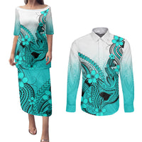 Hawaii Couples Matching Puletasi Dress and Long Sleeve Button Shirts Polynesian Shark Tattoo With Plumeria Turquoise Gradient LT14 Turquoise - Polynesian Pride