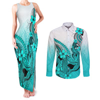 Hawaii Couples Matching Tank Maxi Dress and Long Sleeve Button Shirts Polynesian Shark Tattoo With Plumeria Turquoise Gradient LT14 Turquoise - Polynesian Pride
