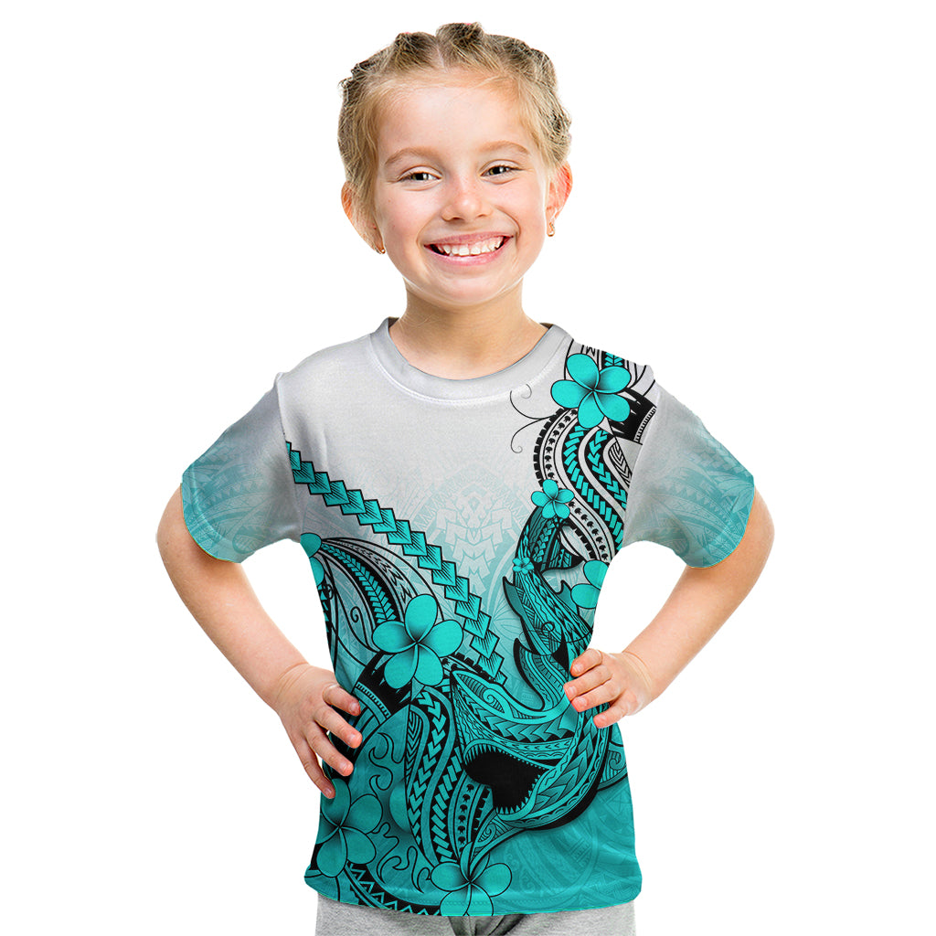 Hawaii Kid T Shirt Polynesian Shark Tattoo With Plumeria Turquoise Gradient LT14 Turquoise - Polynesian Pride