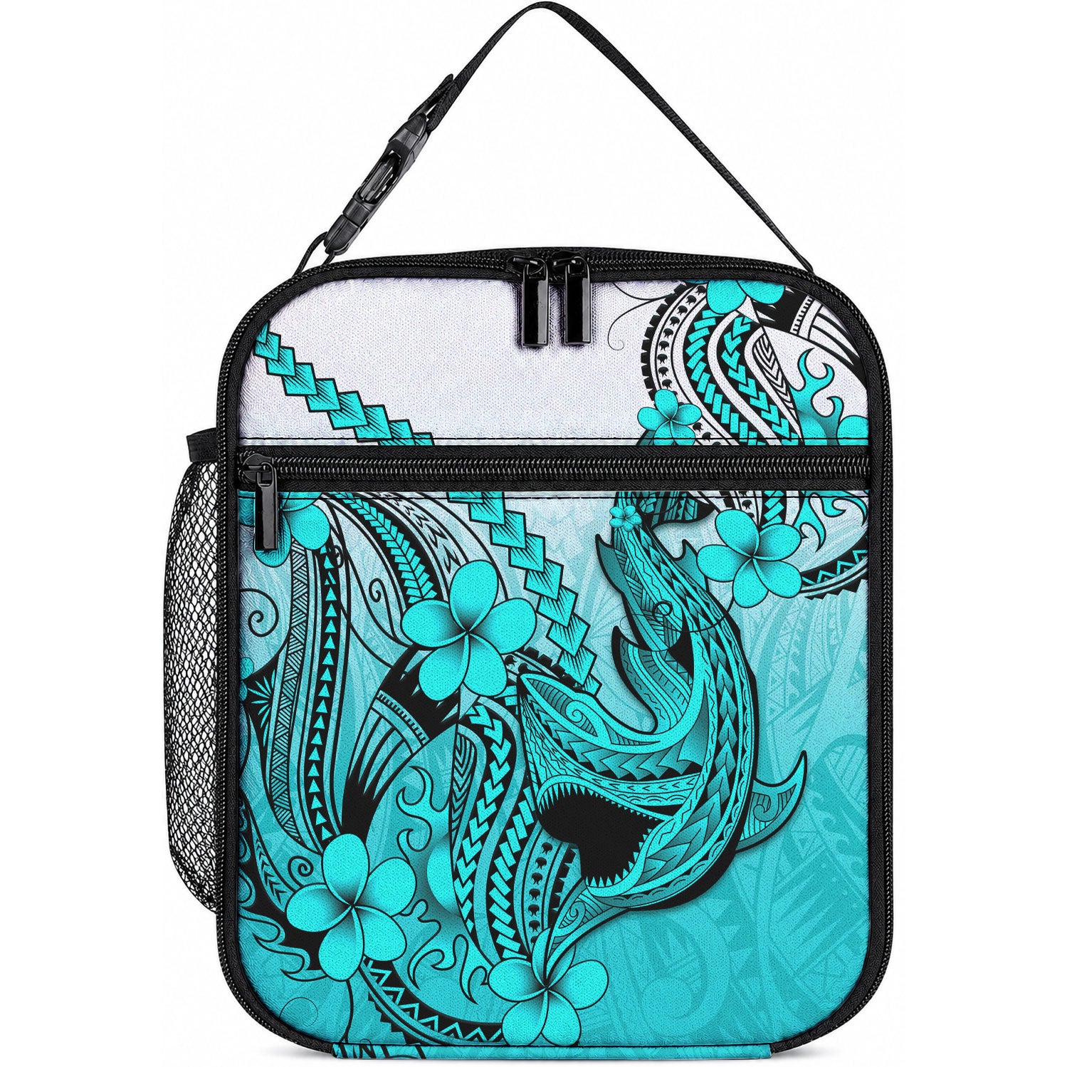 Hawaii Lunch Bag Polynesian Shark Tattoo With Plumeria Turquoise Gradient LT14 10.2 × 8.3 × 4.3 inch Turquoise - Polynesian Pride