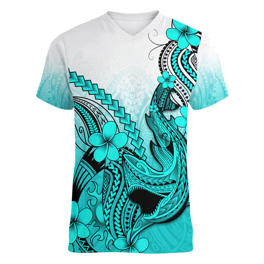 Hawaii Women V Neck T Shirt Polynesian Shark Tattoo With Plumeria Turquoise Gradient LT14 Female Turquoise - Polynesian Pride