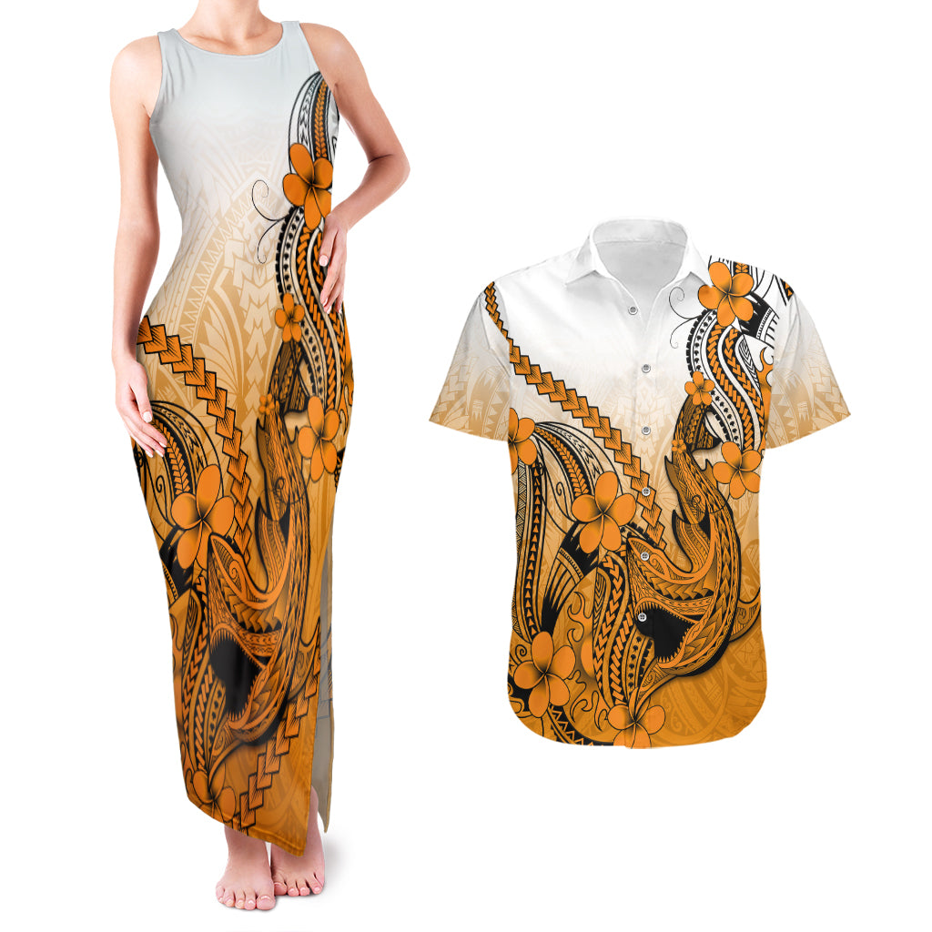 Hawaii Couples Matching Tank Maxi Dress And Hawaiian Shirt Polynesian Shark Tattoo With Plumeria Orange Gradient LT14 Orange - Polynesian Pride