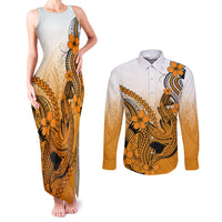 Hawaii Couples Matching Tank Maxi Dress and Long Sleeve Button Shirts Polynesian Shark Tattoo With Plumeria Orange Gradient LT14 Orange - Polynesian Pride