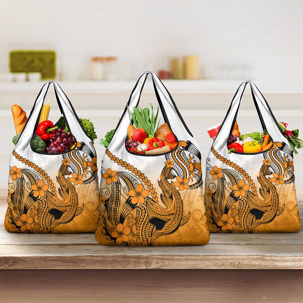 Orange Gradient Hawaii Grocery Bag Polynesian Shark Tattoo With Plumeria
