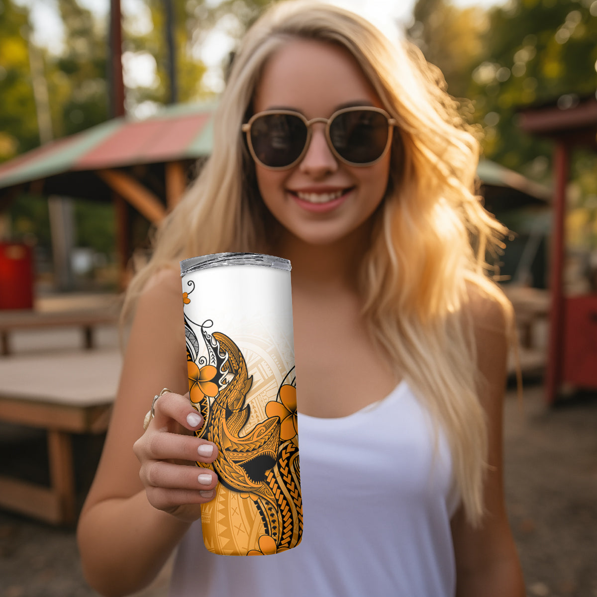 Hawaii Skinny Tumbler Polynesian Shark Tattoo With Plumeria Orange Gradient