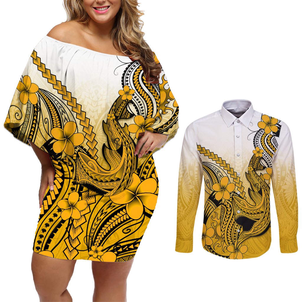 Hawaii Couples Matching Off Shoulder Short Dress and Long Sleeve Button Shirts Polynesian Shark Tattoo With Plumeria Gold Gradient LT14 Gold - Polynesian Pride