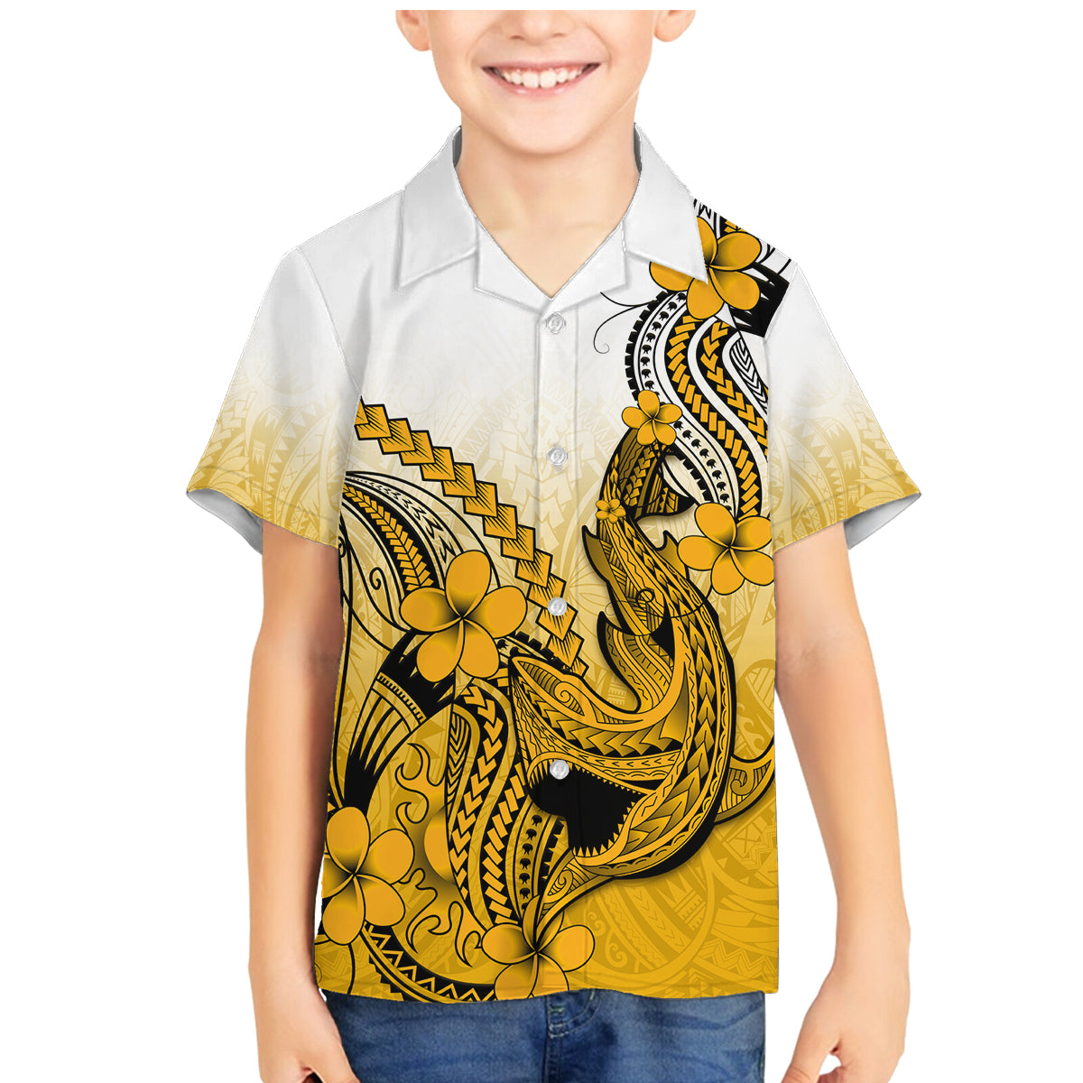 Gold Hawaii Family Matching Outfits Mermaid Dress And Hawaiian Shirt Polynesian Shark Tattoo LT14 Daughter's Dress - Polynesian Pride