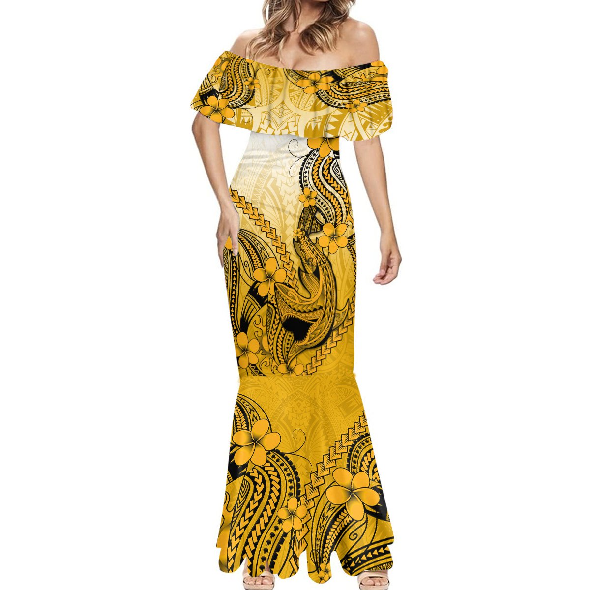 Hawaii Mermaid Dress Polynesian Shark Tattoo With Plumeria Gold Gradient LT14 - Polynesian Pride