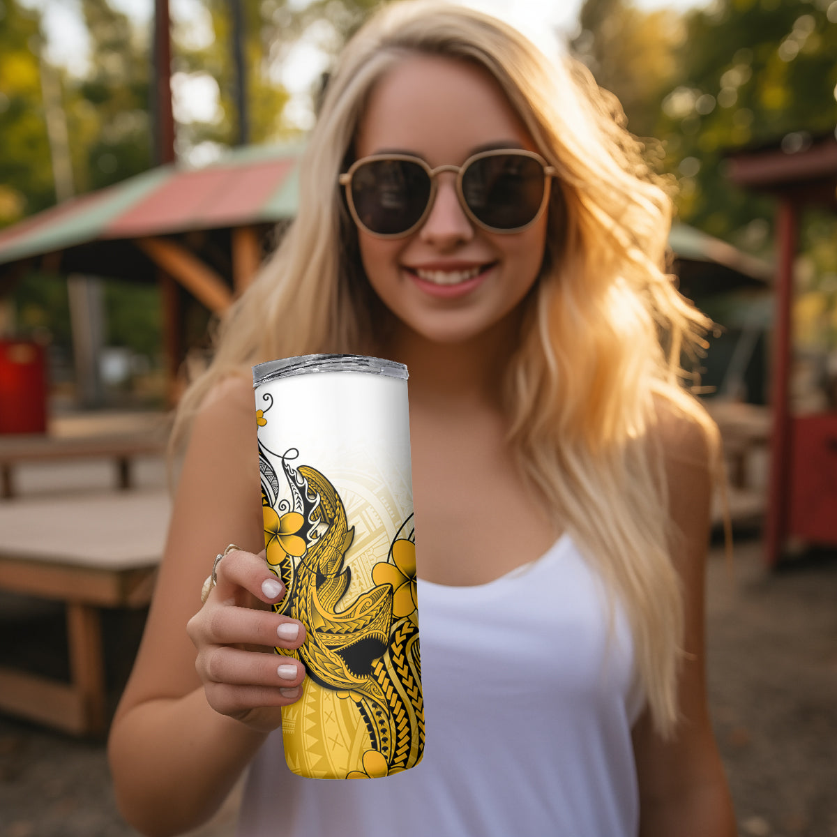 Hawaii Skinny Tumbler Polynesian Shark Tattoo With Plumeria Gold Gradient