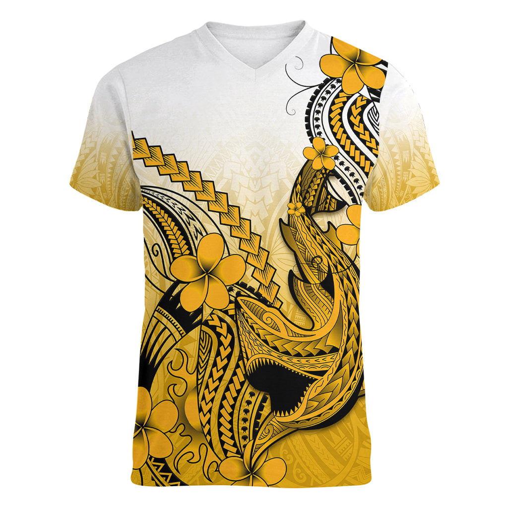 Hawaii Women V Neck T Shirt Polynesian Shark Tattoo With Plumeria Gold Gradient LT14 Female Gold - Polynesian Pride