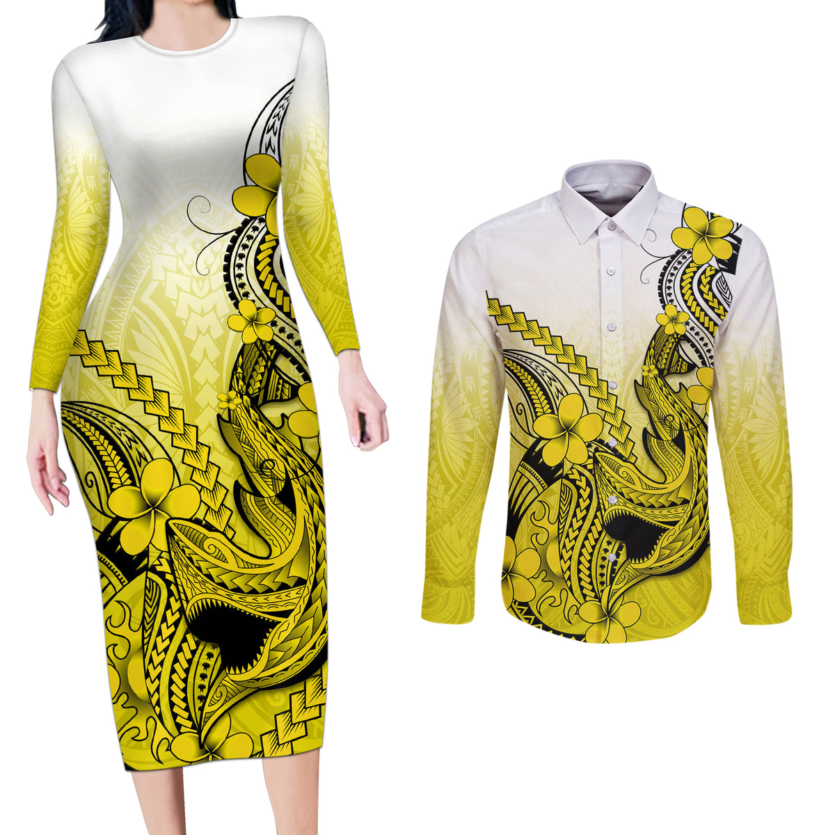 Hawaii Couples Matching Long Sleeve Bodycon Dress and Long Sleeve Button Shirts Polynesian Shark Tattoo With Plumeria Yellow Gradient LT14 Yellow - Polynesian Pride