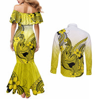 Hawaii Couples Matching Mermaid Dress and Long Sleeve Button Shirts Polynesian Shark Tattoo With Plumeria Yellow Gradient LT14 - Polynesian Pride