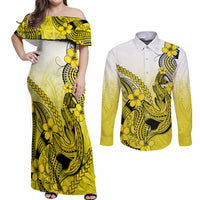 Hawaii Couples Matching Off Shoulder Maxi Dress and Long Sleeve Button Shirts Polynesian Shark Tattoo With Plumeria Yellow Gradient LT14 Yellow - Polynesian Pride