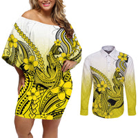 Hawaii Couples Matching Off Shoulder Short Dress and Long Sleeve Button Shirts Polynesian Shark Tattoo With Plumeria Yellow Gradient LT14 Yellow - Polynesian Pride