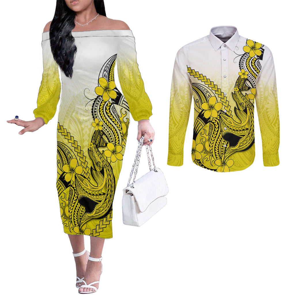 Hawaii Couples Matching Off The Shoulder Long Sleeve Dress and Long Sleeve Button Shirts Polynesian Shark Tattoo With Plumeria Yellow Gradient LT14 Yellow - Polynesian Pride