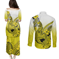 Hawaii Couples Matching Puletasi Dress and Long Sleeve Button Shirts Polynesian Shark Tattoo With Plumeria Yellow Gradient LT14 - Polynesian Pride