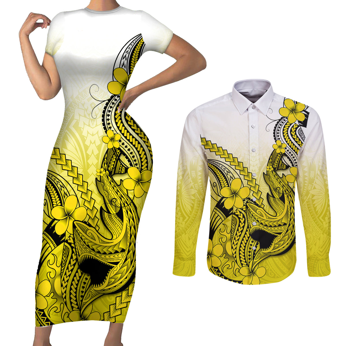 Hawaii Couples Matching Short Sleeve Bodycon Dress and Long Sleeve Button Shirts Polynesian Shark Tattoo With Plumeria Yellow Gradient LT14 Yellow - Polynesian Pride