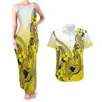 Hawaii Couples Matching Tank Maxi Dress And Hawaiian Shirt Polynesian Shark Tattoo With Plumeria Yellow Gradient LT14 Yellow - Polynesian Pride
