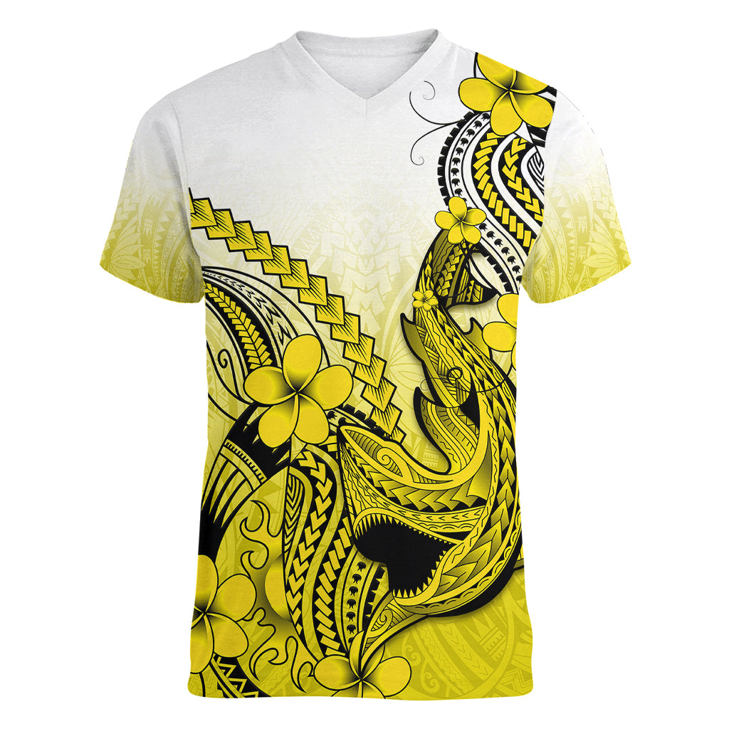 Hawaii Women V Neck T Shirt Polynesian Shark Tattoo With Plumeria Yellow Gradient LT14 Female Yellow - Polynesian Pride