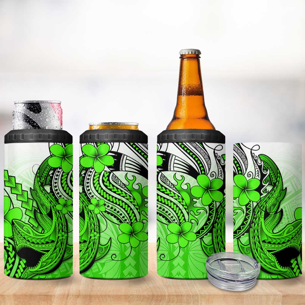 Hawaii 4 in 1 Can Cooler Tumbler Polynesian Shark Tattoo With Plumeria Green Gradient LT14 - Polynesian Pride