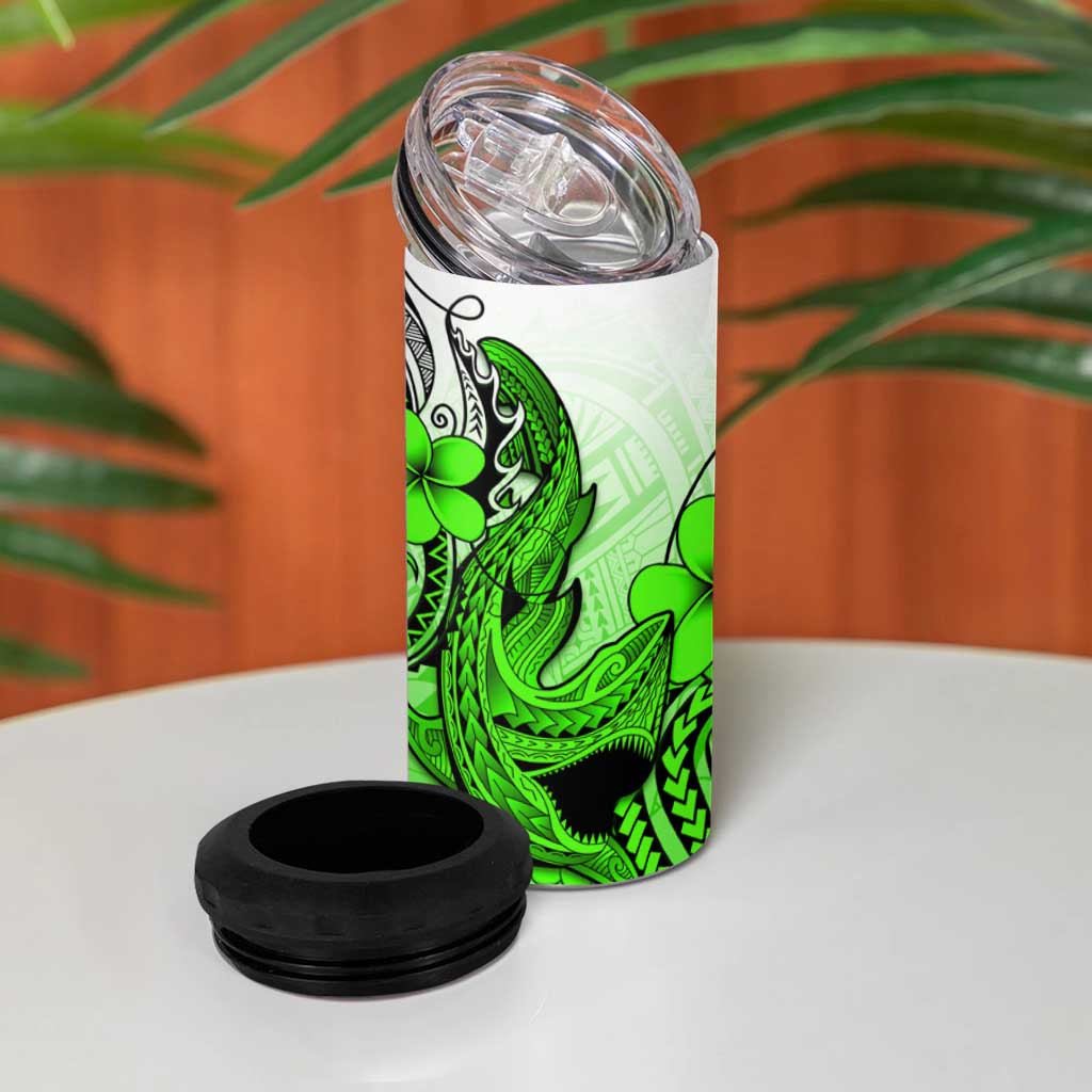 Hawaii 4 in 1 Can Cooler Tumbler Polynesian Shark Tattoo With Plumeria Green Gradient LT14 - Polynesian Pride