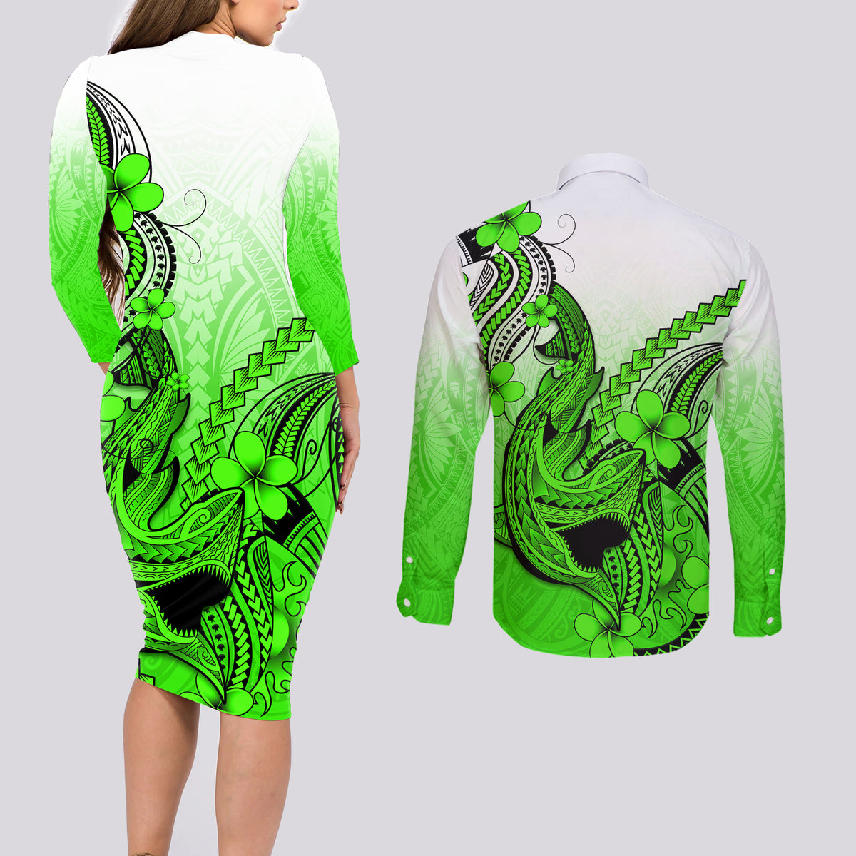 Hawaii Couples Matching Long Sleeve Bodycon Dress and Long Sleeve Button Shirts Polynesian Shark Tattoo With Plumeria Green Gradient LT14 - Polynesian Pride