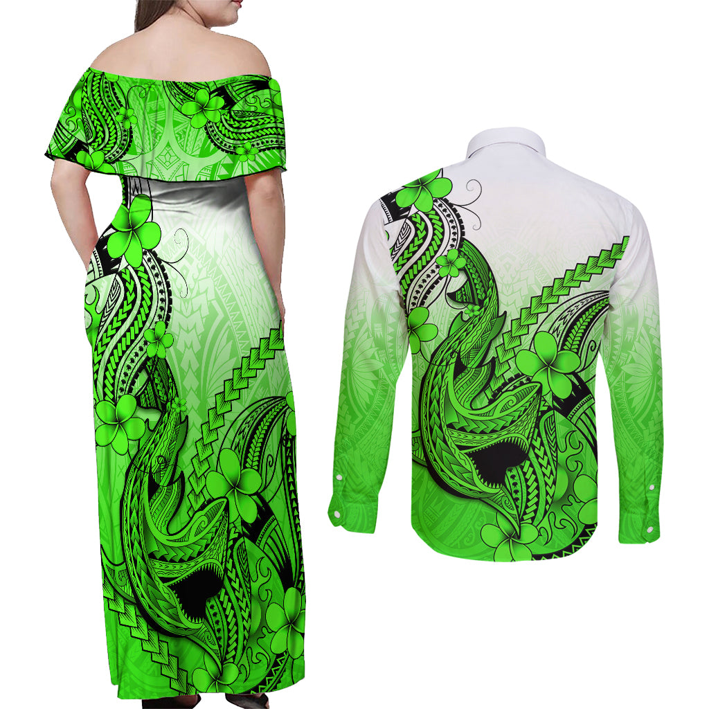 Hawaii Couples Matching Off Shoulder Maxi Dress and Long Sleeve Button Shirts Polynesian Shark Tattoo With Plumeria Green Gradient LT14 - Polynesian Pride