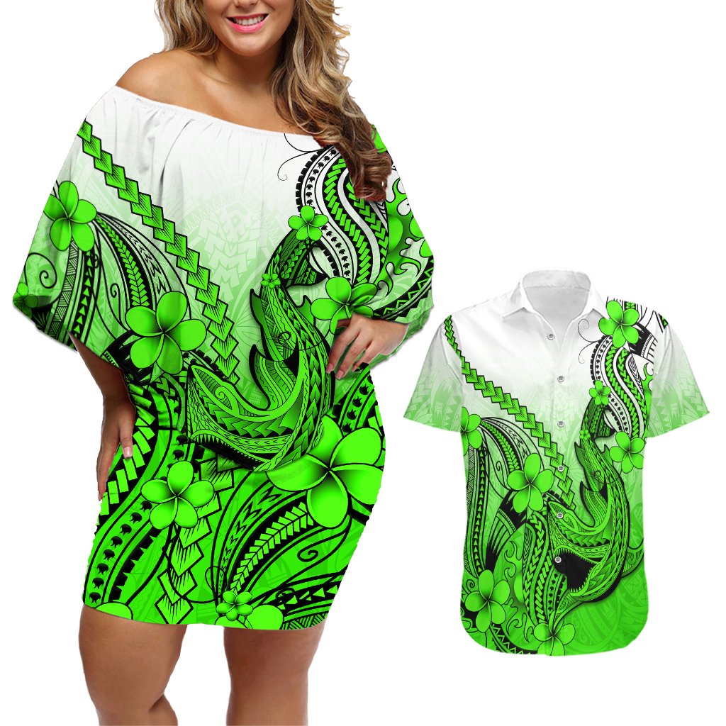 Hawaii Couples Matching Off Shoulder Short Dress and Hawaiian Shirt Polynesian Shark Tattoo With Plumeria Green Gradient LT14 Green - Polynesian Pride