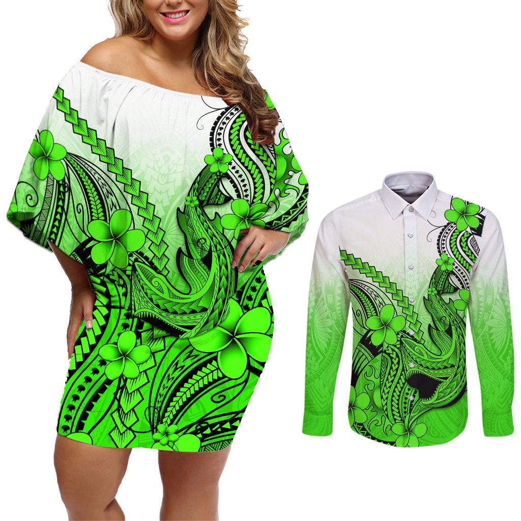 Hawaii Couples Matching Off Shoulder Short Dress and Long Sleeve Button Shirts Polynesian Shark Tattoo With Plumeria Green Gradient LT14 Green - Polynesian Pride