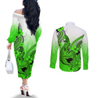 Hawaii Couples Matching Off The Shoulder Long Sleeve Dress and Long Sleeve Button Shirts Polynesian Shark Tattoo With Plumeria Green Gradient LT14 - Polynesian Pride
