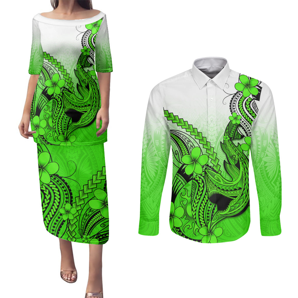 Hawaii Couples Matching Puletasi Dress and Long Sleeve Button Shirts Polynesian Shark Tattoo With Plumeria Green Gradient LT14 Green - Polynesian Pride